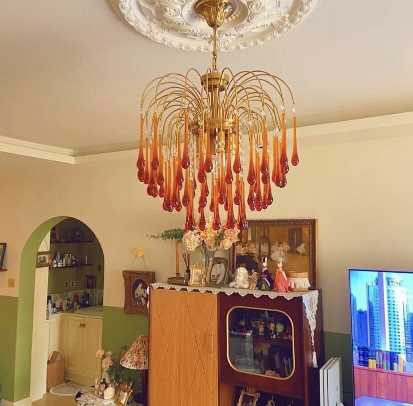 French Style Bedroom Small Creative Chandelier Vintage Romantic Warm Vibe Amber Waterdrop Light for Restaurant