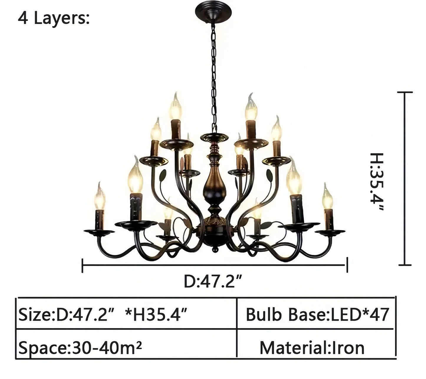 Multi Layer Iron Chandelier with Electronic Candles in Vintage Country Style for Living Room Cafe and Study - 4 Layers: D47.2"Warm LightManorlights