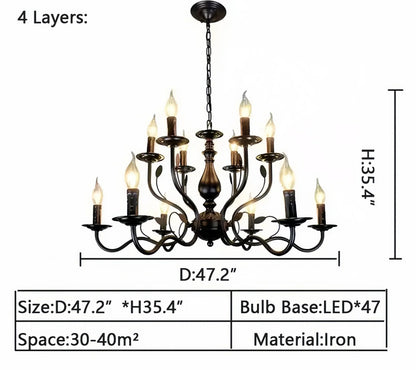 Multi Layer Iron Chandelier with Electronic Candles in Vintage Country Style for Living Room Cafe and Study - 4 Layers: D47.2"Warm LightManorlights
