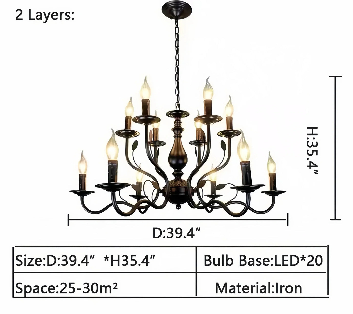 Multi Layer Iron Chandelier with Electronic Candles in Vintage Country Style for Living Room Cafe and Study - 2 Layers: D39.4"Warm LightManorlights