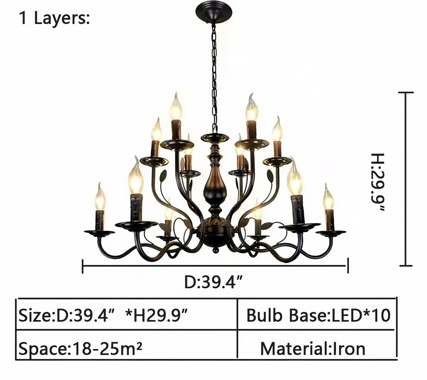 Multi Layer Iron Chandelier with Electronic Candles in Vintage Country Style for Living Room Cafe and Study - 1 Layer: D39.4"Warm LightManorlights
