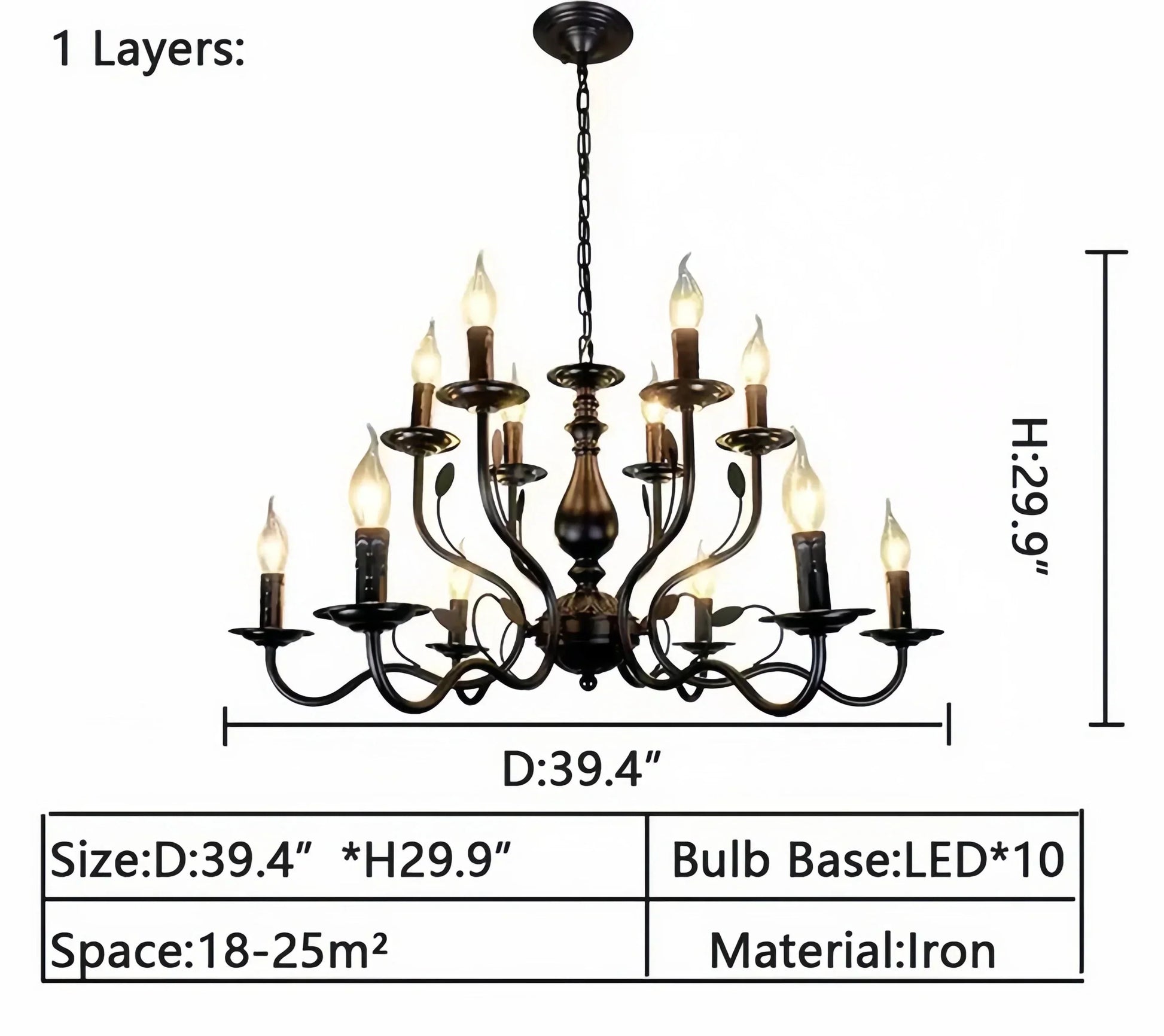 Multi Layer Iron Chandelier with Electronic Candles in Vintage Country Style for Living Room Cafe and Study - 1 Layer: D39.4"Warm LightManorlights