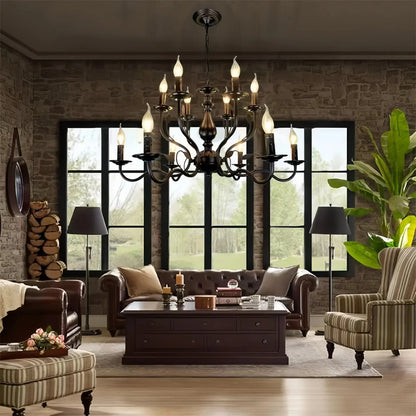 Multi Layer Iron Chandelier with Electronic Candles in Vintage Country Style for Living Room Cafe and Study - 1 Layer: D39.4"Warm LightManorlights