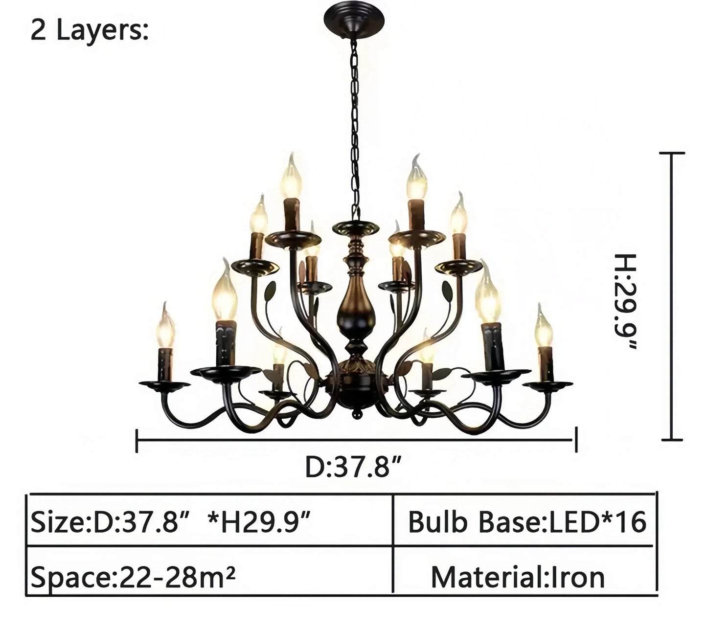 Multi Layer Iron Chandelier with Electronic Candles in Vintage Country Style for Living Room Cafe and Study - 2 Layers: D37.8"Warm LightManorlights