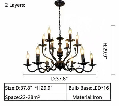 Multi Layer Iron Chandelier with Electronic Candles in Vintage Country Style for Living Room Cafe and Study - 2 Layers: D37.8"Warm LightManorlights