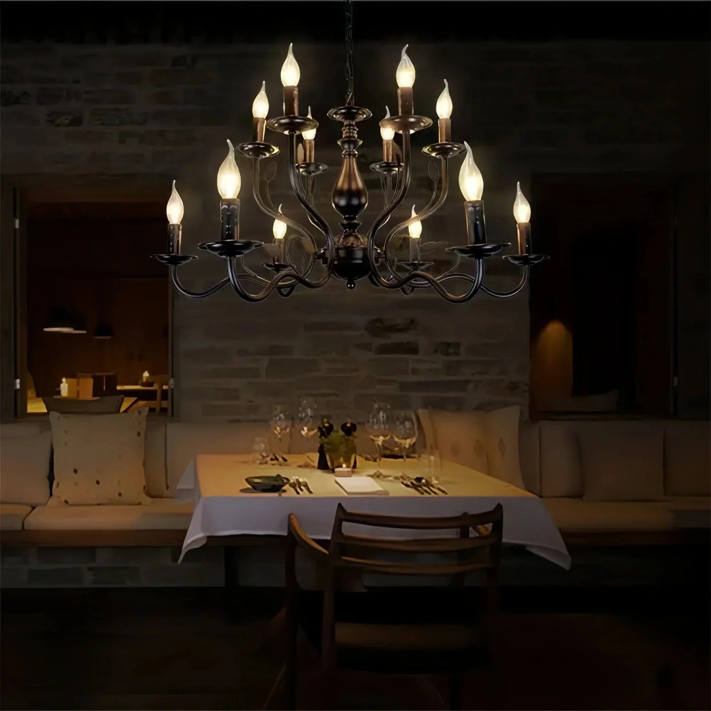 Multi Layer Iron Chandelier with Electronic Candles in Vintage Country Style for Living Room Cafe and Study - 1 Layer: D39.4"Warm LightManorlights