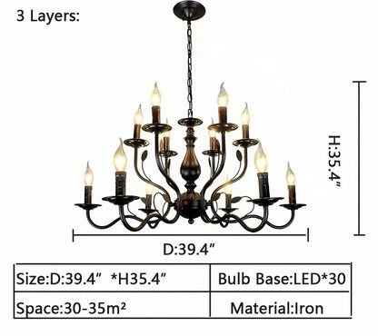 Multi Layer Iron Chandelier with Electronic Candles in Vintage Country Style for Living Room Cafe and Study - 3 Layers: D39.4"Warm LightManorlights