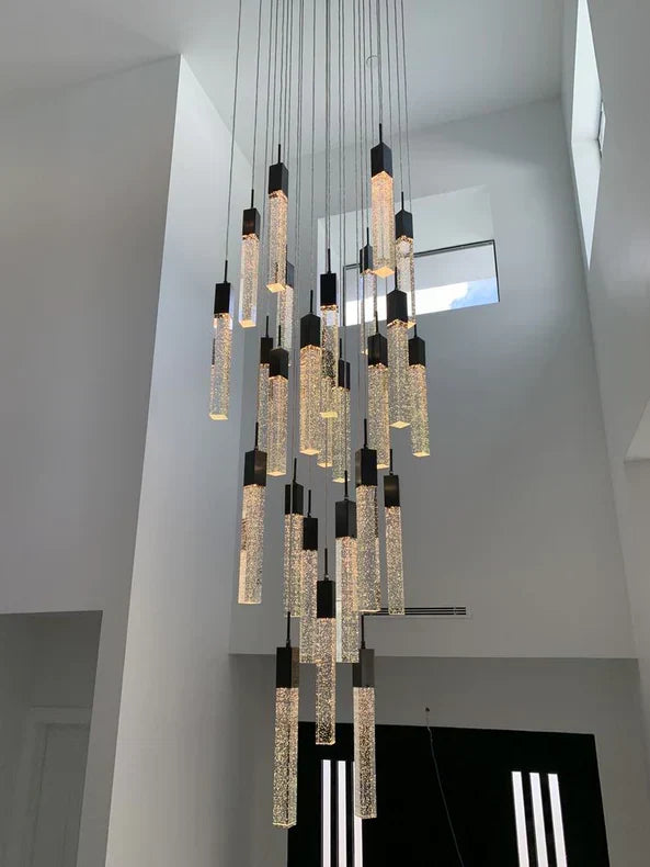 Modern Crystal Stick Chandelier with Glacier Bubble Design in Gold, Chrome, and Black Finish - High-Quality