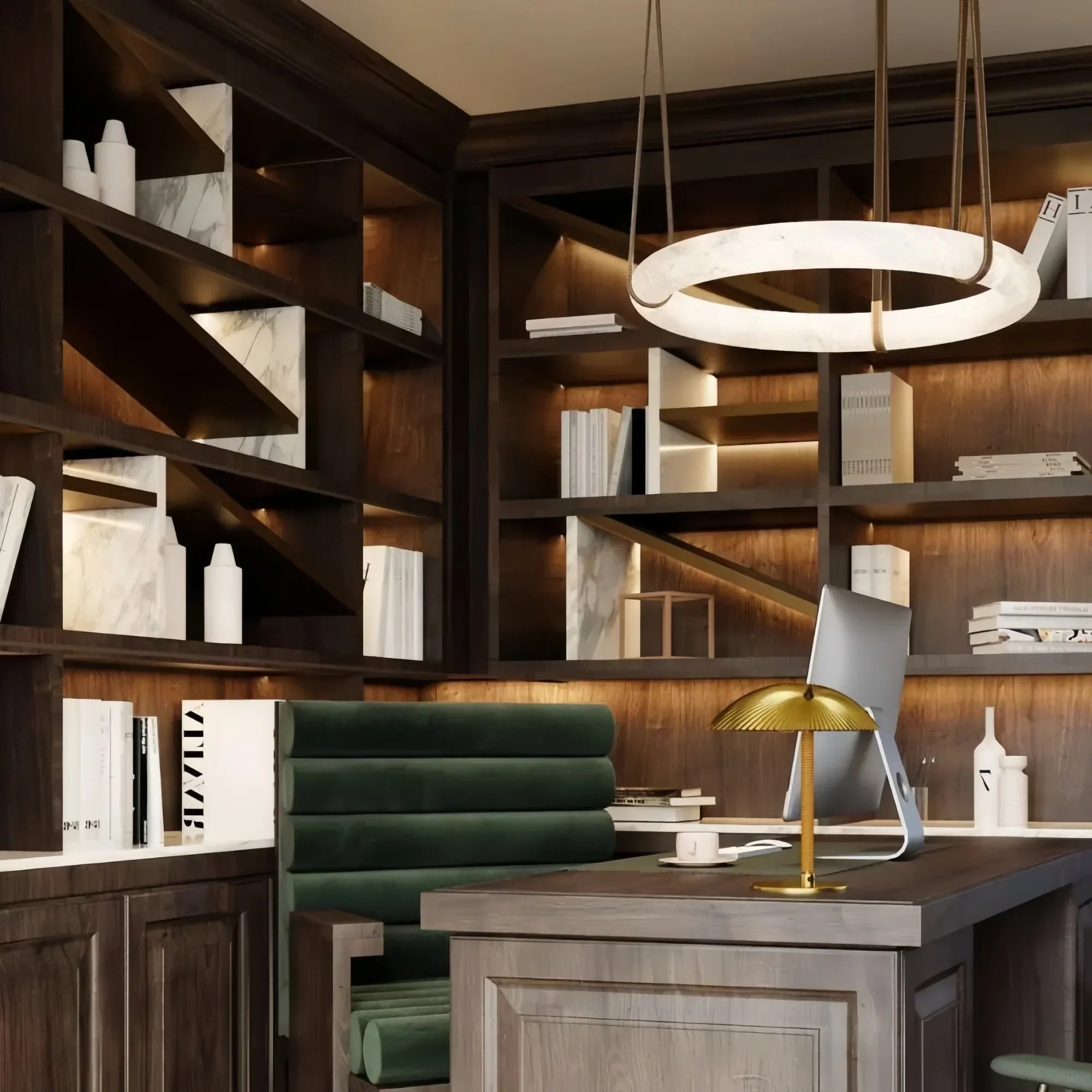 Oslo L1P Pendant Alabaster Chandelier, Halo Ring Chandelier With canopy Over Dining Table