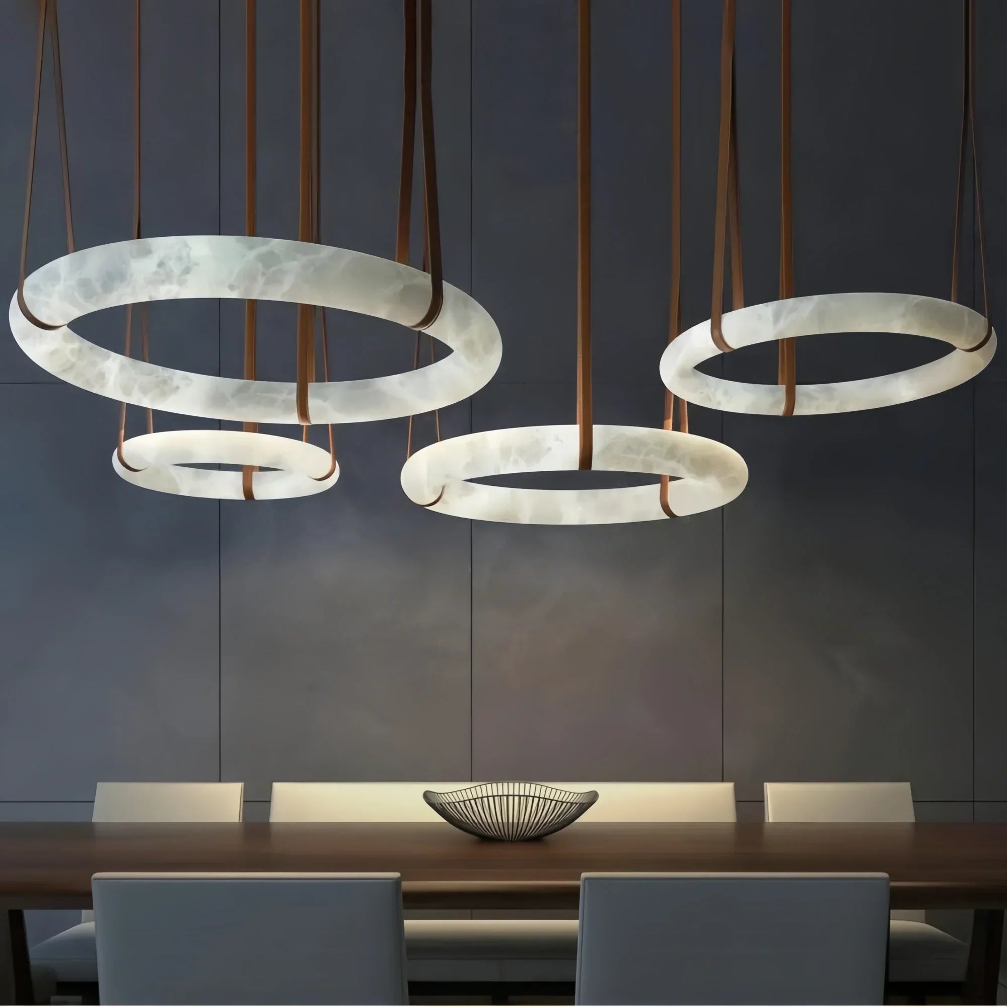 Oslo L1P Pendant Alabaster Chandelier, Halo Ring Chandelier With canopy Over Dining Table