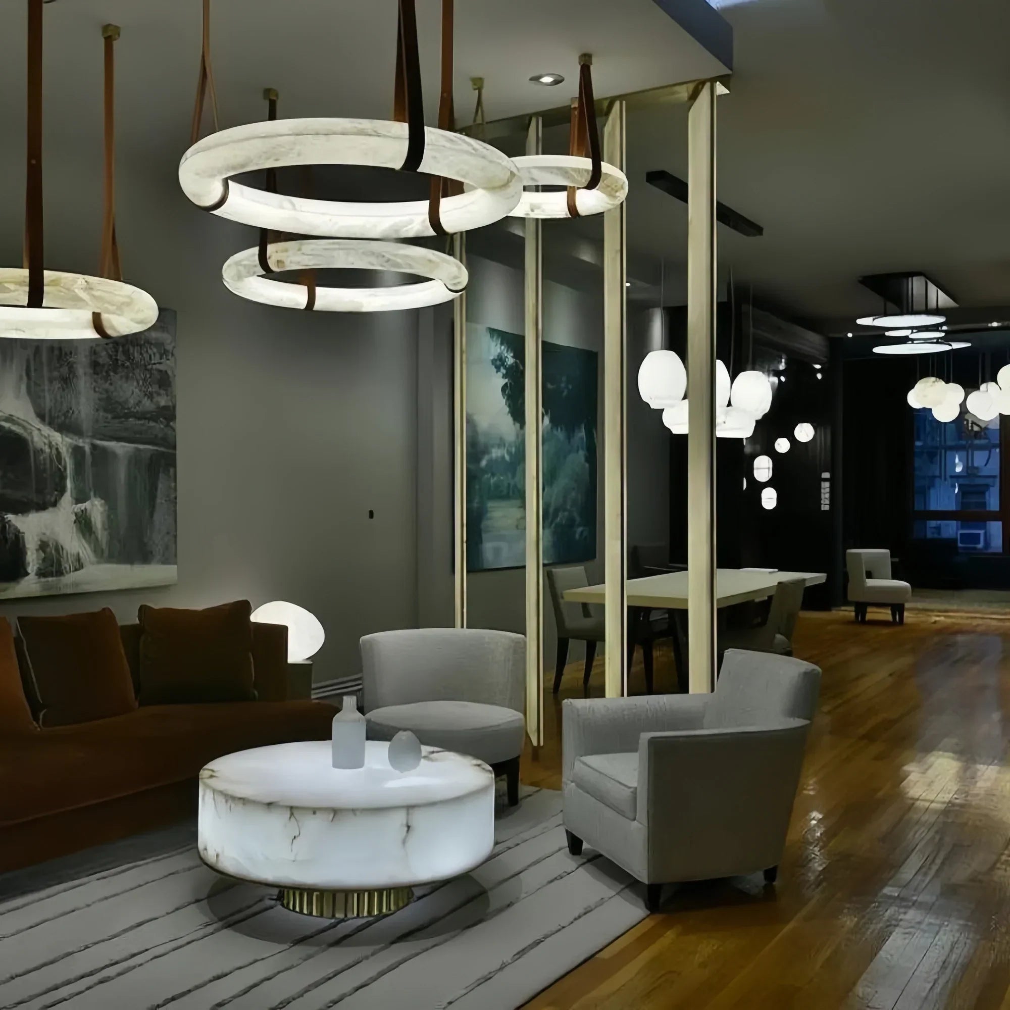 Oslo L1P Pendant Alabaster Chandelier, Halo Ring Chandelier With canopy Over Dining Table