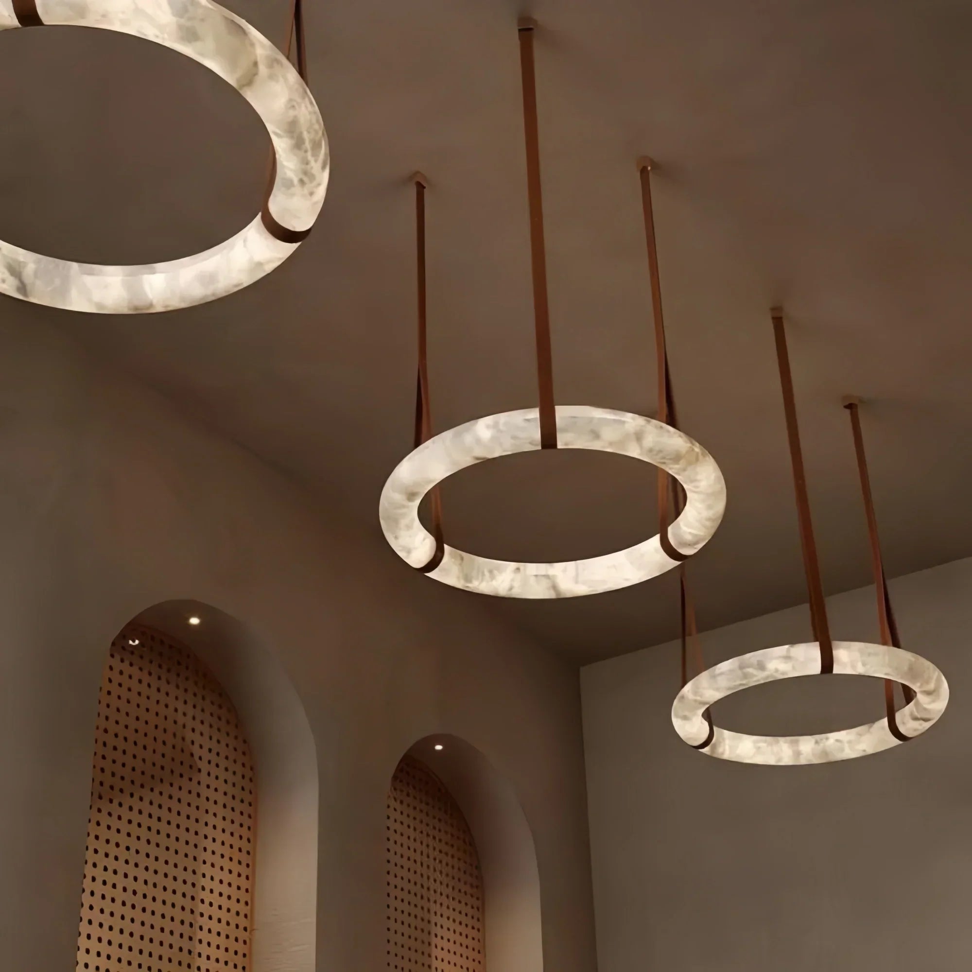 Oslo L1P Pendant Alabaster Chandelier, Halo Ring Chandelier With canopy Over Dining Table