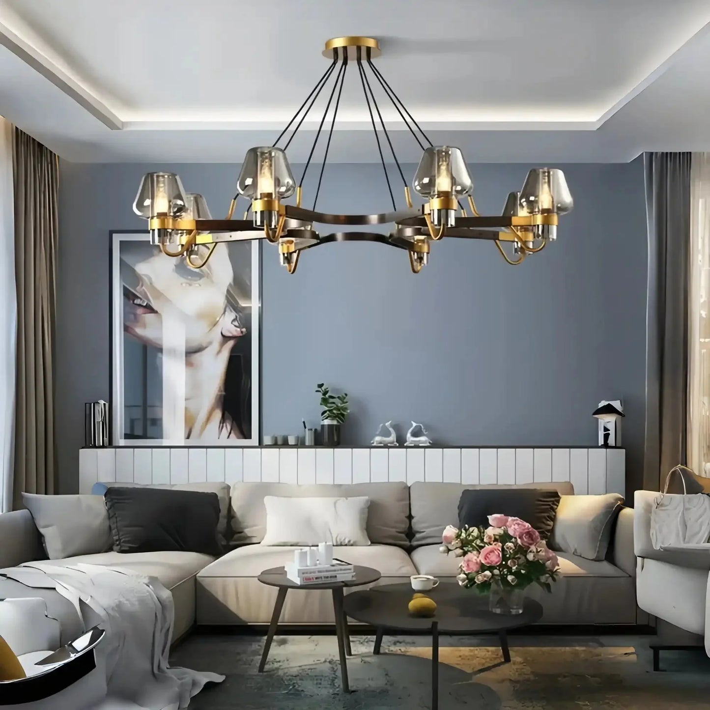 Post - modern Light Luxury Full Brass Chandelier for Living Room/Bedroom - 8 Lights: D39.4"*H8.7"ClearWarm Light-Manor Lights