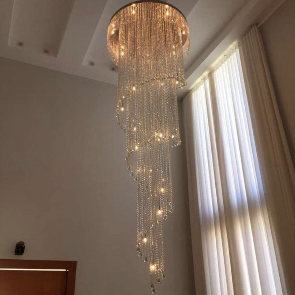 Modern Extra Long Round Spiral Crystal Chandelier with Chrome Finish and K9 Crystals