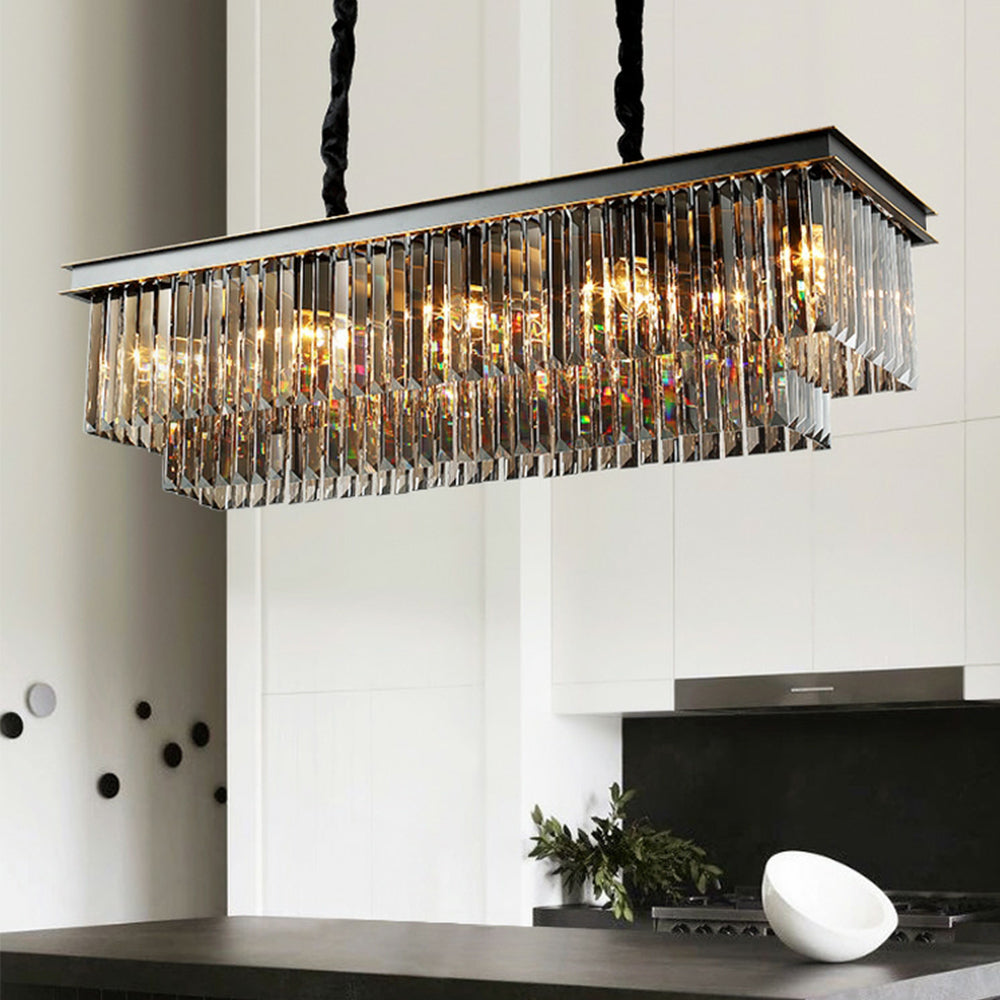 Fashion Kitchen Island Crystal Chandelier in Black / Smoky Gray Finish Two Tiers Rectangle Chain Pendant Light