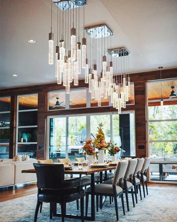 Modern Crystal Stick Chandelier with Glacier Bubble Design in Gold, Chrome, and Black Finish - High-Quality