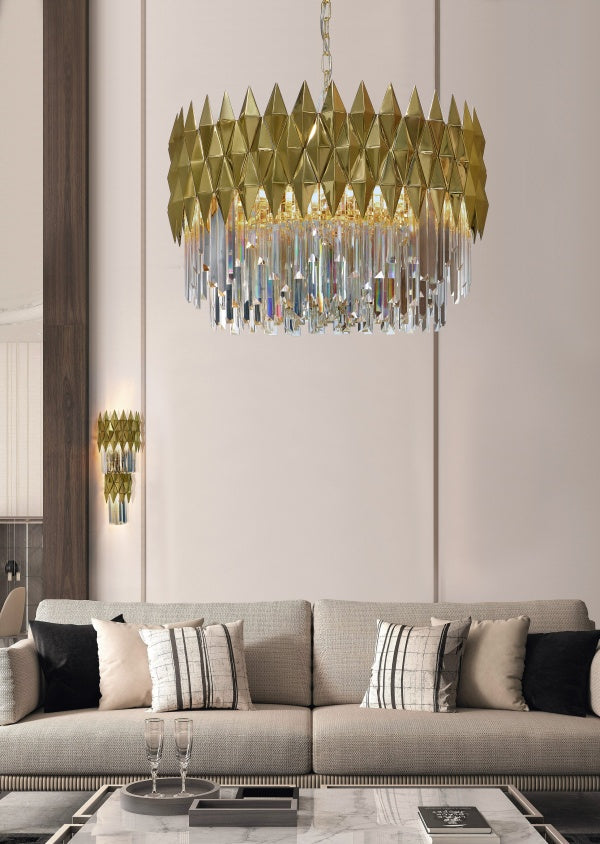 Luxury Crystal Chandelier with Gold Finish, Round or Rectangular Shape, Stainless Steel Quality for Living