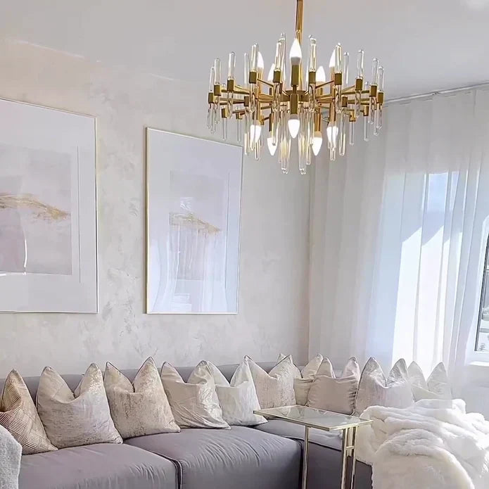Modern Round Tiered Crystal Chandelier with Gold Finish and Metal Frame