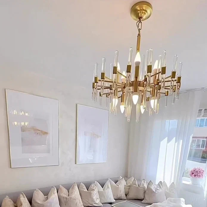 Modern Round Tiered Crystal Chandelier with Gold Finish and Metal Frame