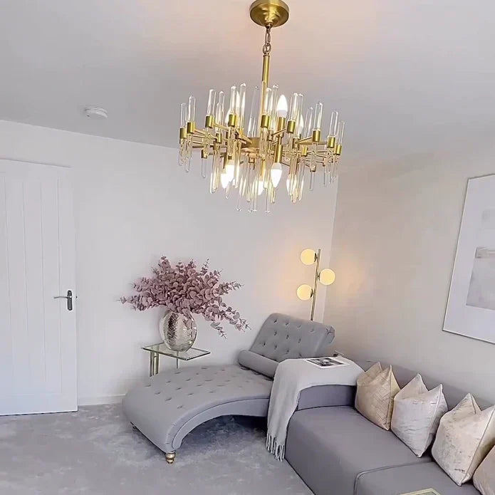 Modern Round Tiered Crystal Chandelier with Gold Finish and Metal Frame