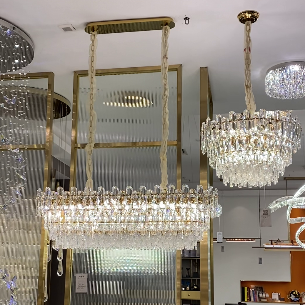 Light Luxury Round / rectangular Clear Crystal Chandelier in Champagne Gold / chrome Finish for Living /