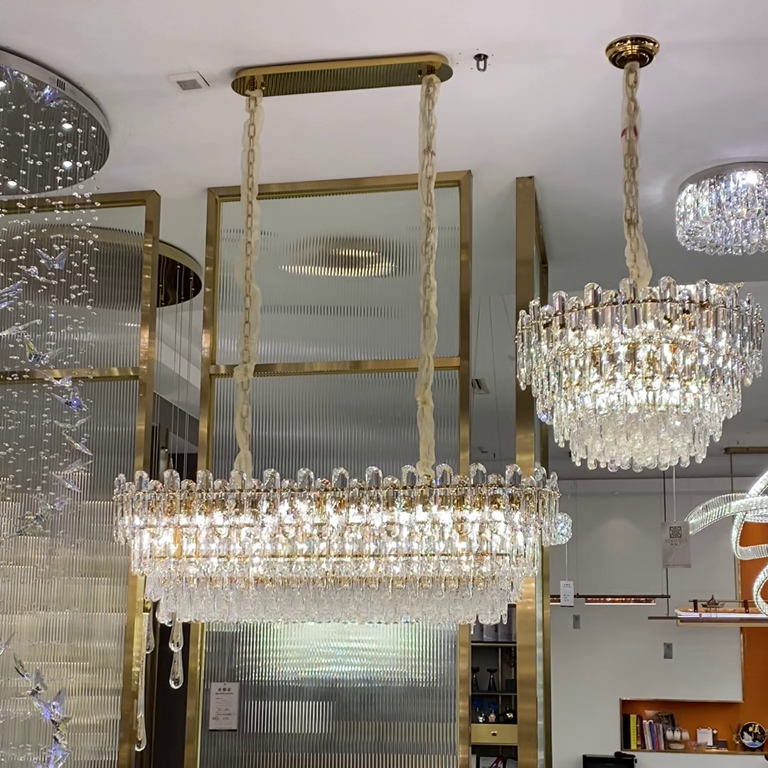 Light Luxury Round / rectangular Clear Crystal Chandelier in Champagne Gold / chrome Finish for Living /