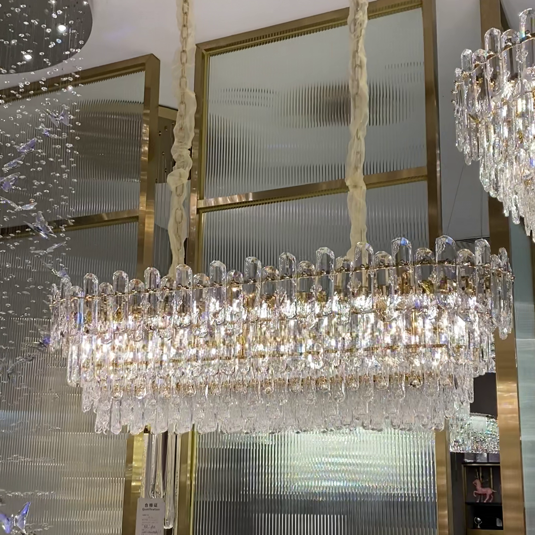 Light Luxury Round / rectangular Clear Crystal Chandelier in Champagne Gold / chrome Finish for Living /