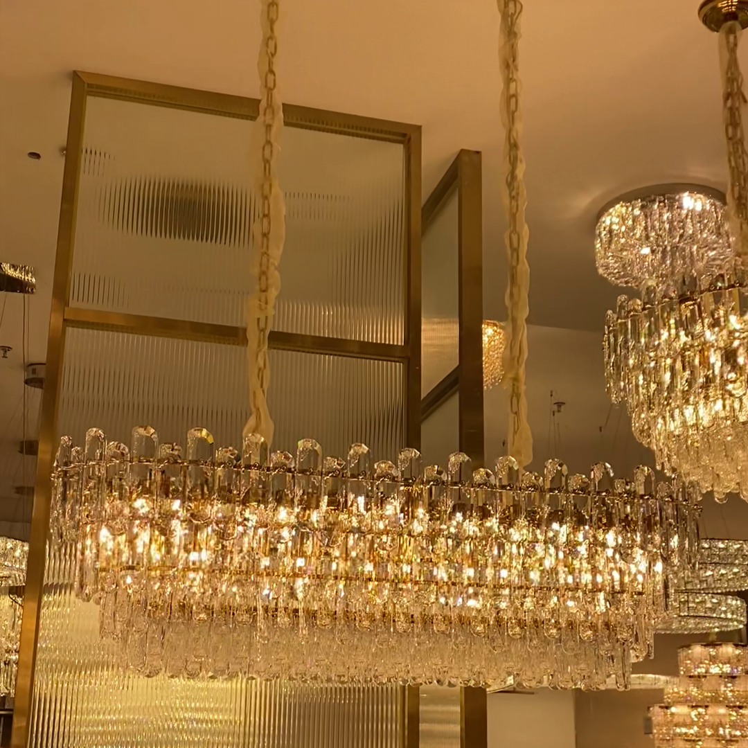 Light Luxury Round / rectangular Clear Crystal Chandelier in Champagne Gold / chrome Finish for Living /