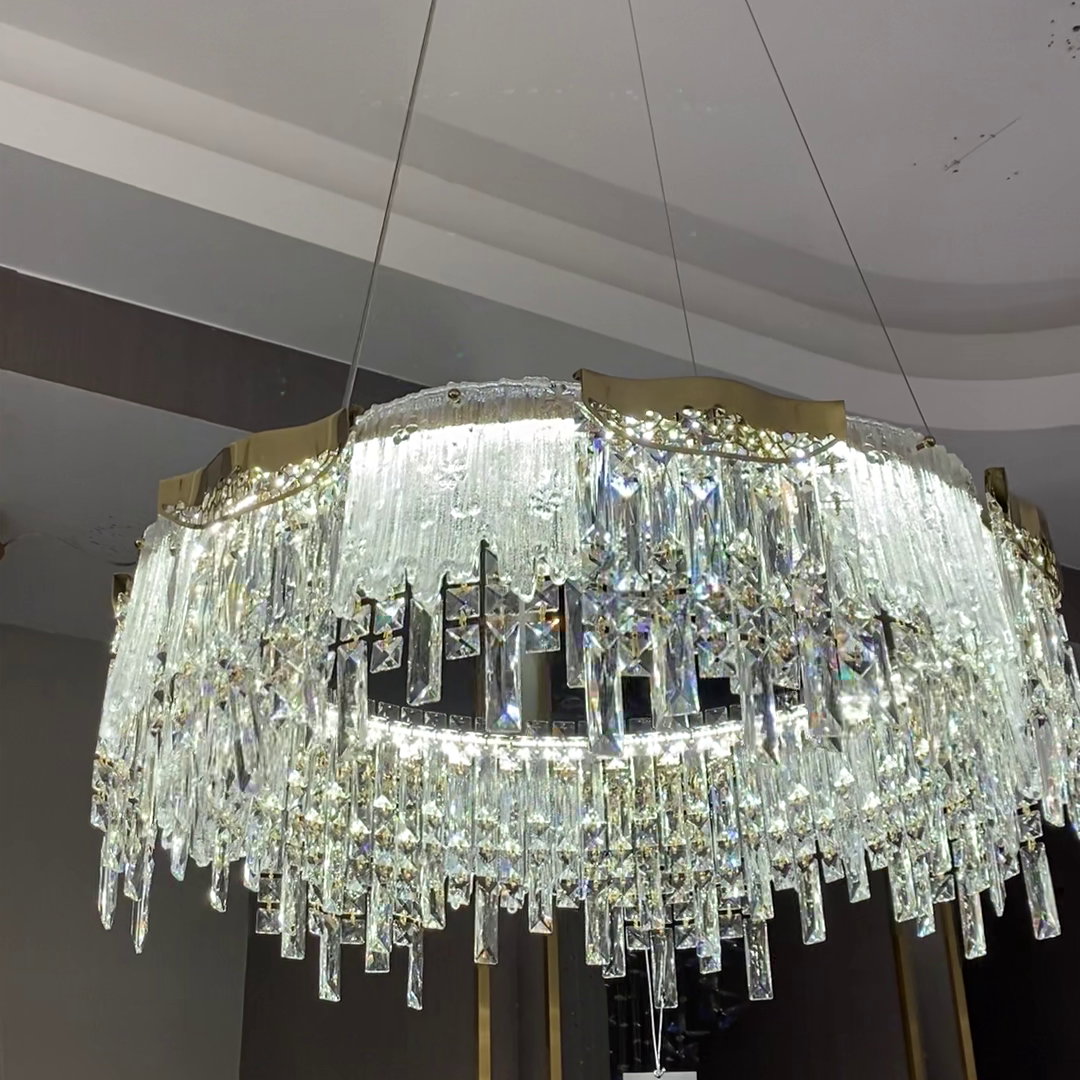 Modern Light Luxury 1 / 2-Tier Round / rectangular Crystal Chandelier in Champagne Gold Finish for Living Room