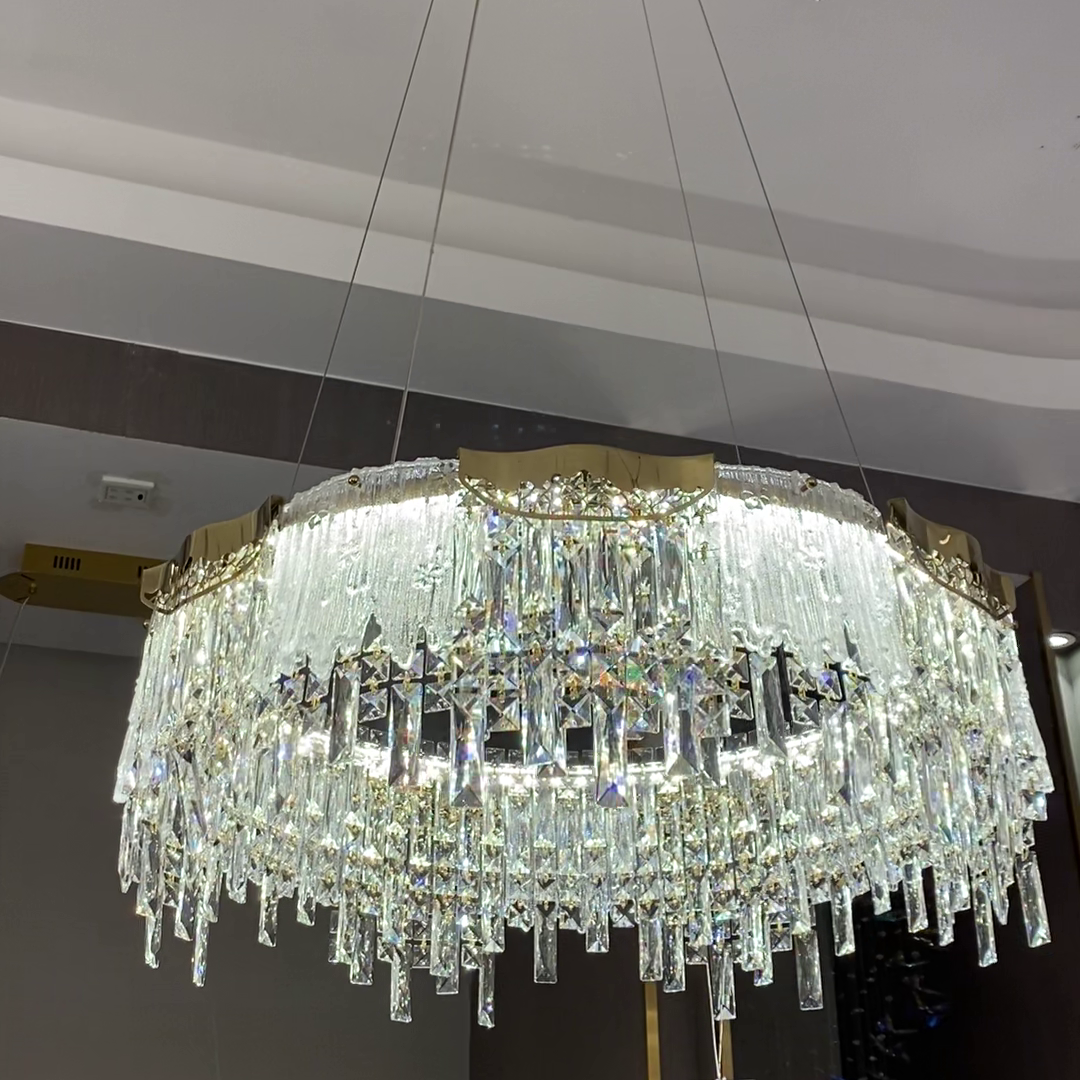 Modern Light Luxury 1 / 2-Tier Round / rectangular Crystal Chandelier in Champagne Gold Finish for Living Room