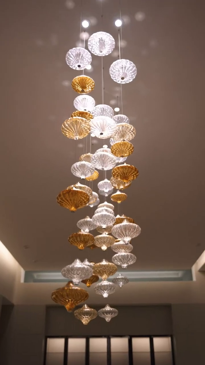 Custom Glass Lantern Floating Chandelier with Artistic Design for Staircase Foyer Villa Living Room
