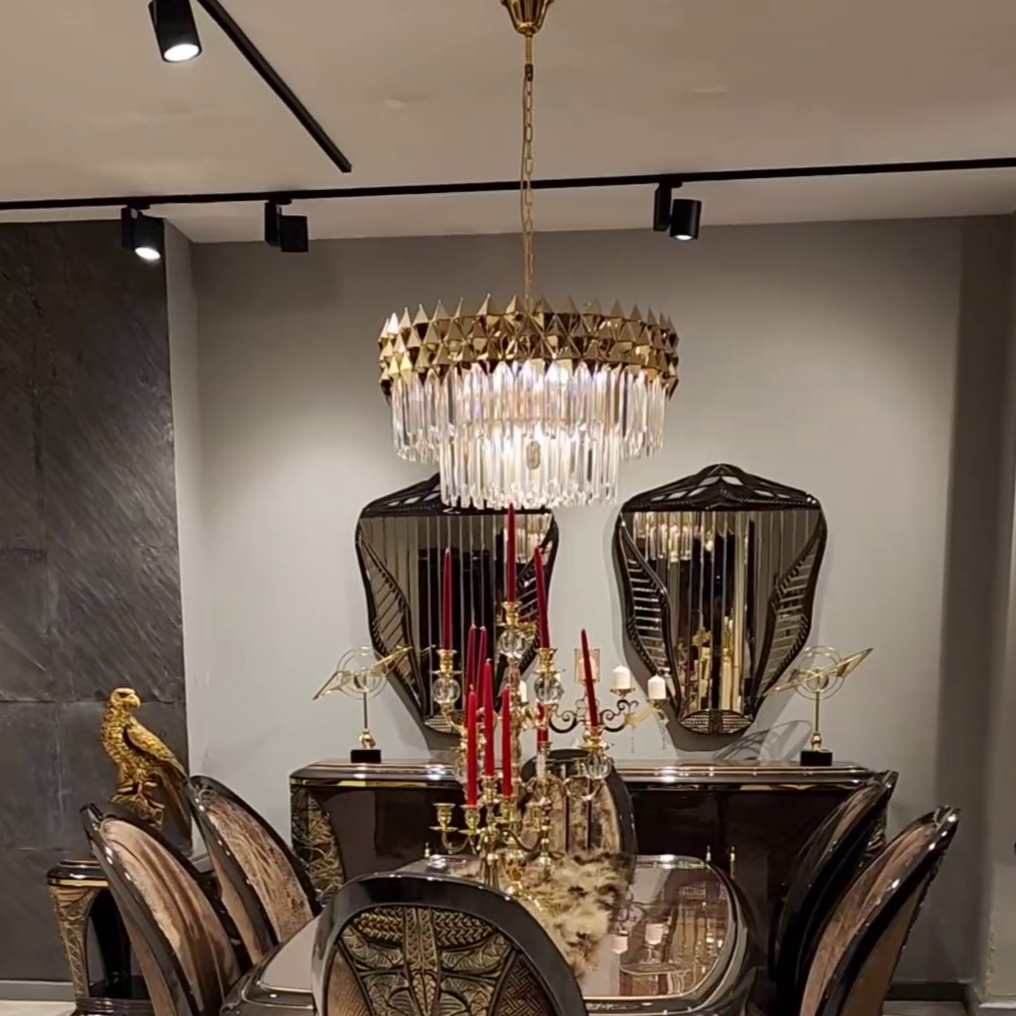 Luxury Crystal Chandelier with Gold Finish, Round or Rectangular Shape, Stainless Steel Quality for Living