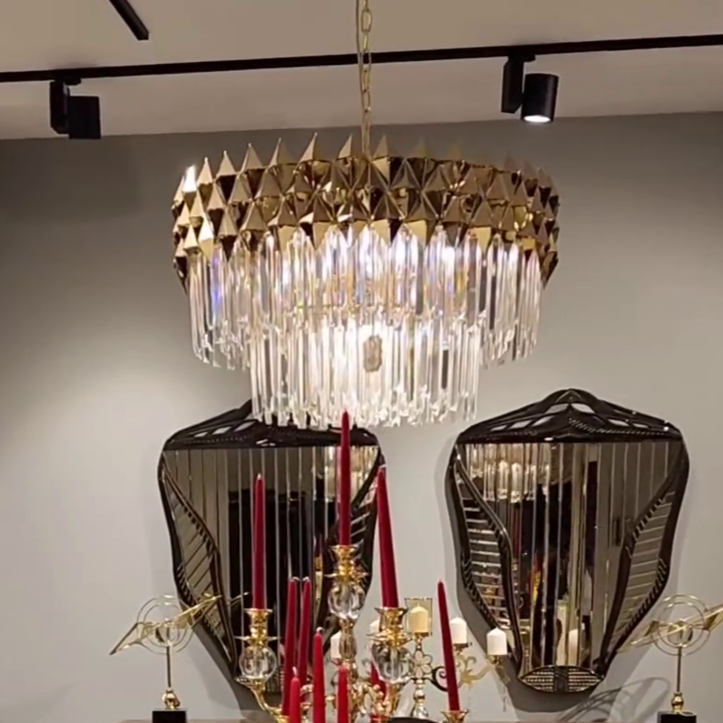 Luxury Crystal Chandelier with Gold Finish, Round or Rectangular Shape, Stainless Steel Quality for Living