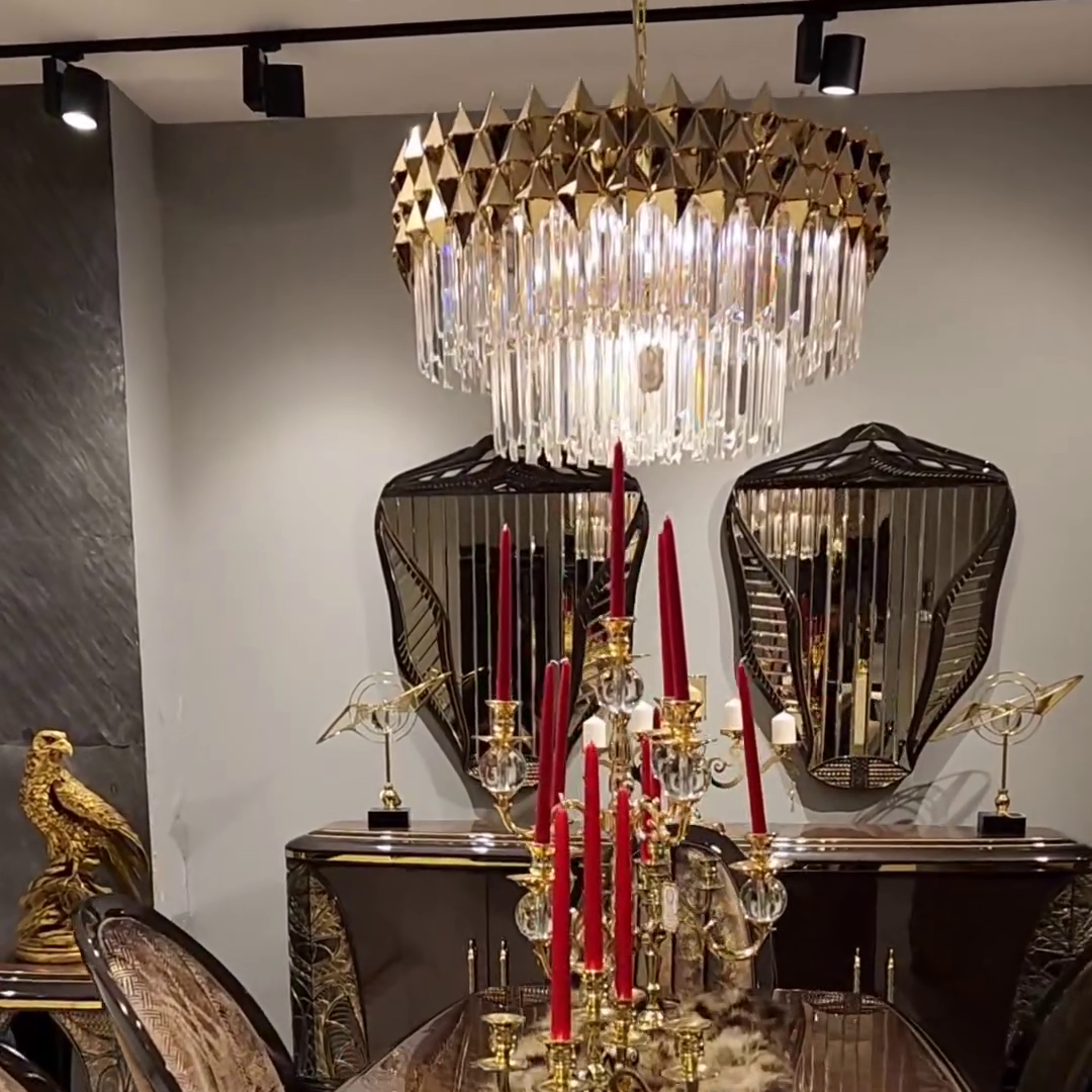 Luxury Crystal Chandelier with Gold Finish, Round or Rectangular Shape, Stainless Steel Quality for Living