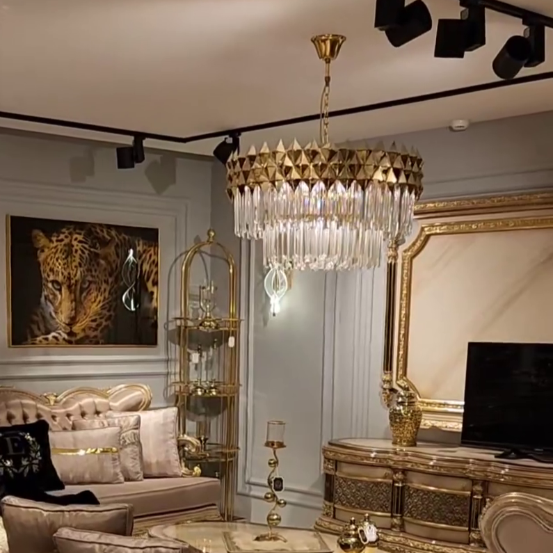 Luxury Crystal Chandelier with Gold Finish, Round or Rectangular Shape, Stainless Steel Quality for Living