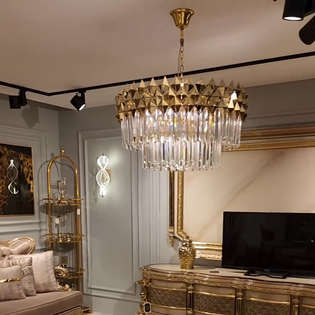 Luxury Crystal Chandelier with Gold Finish, Round or Rectangular Shape, Stainless Steel Quality for Living