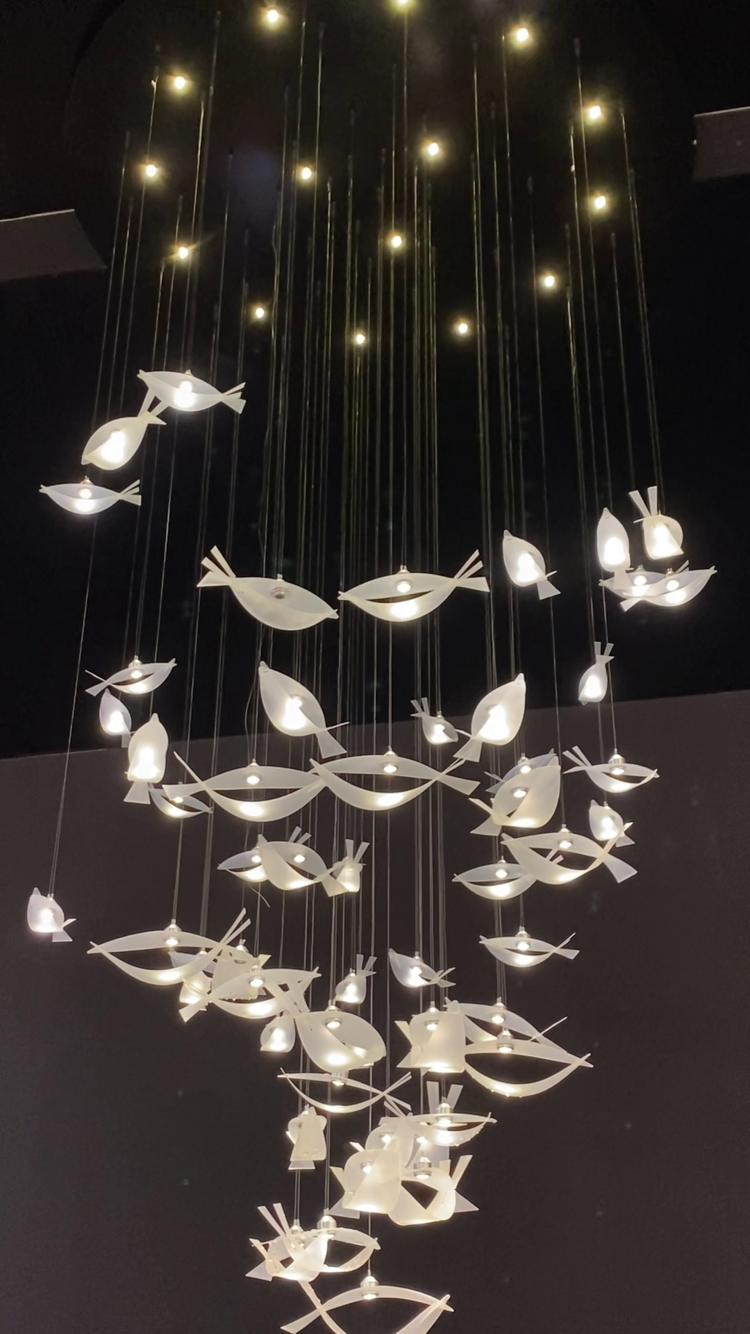 Modern Tiered Floating Acrylic and Metal Fish Chandelier for Staircase Foyer Living Room