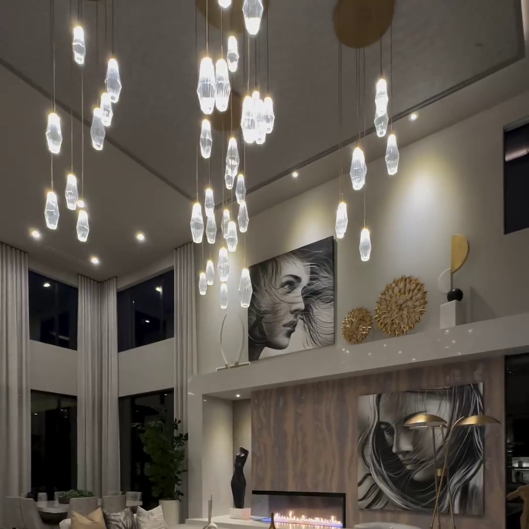 Modern Artisan Crafted Geometric Optic Glass Pendant Light with Metal Finish for Staircase, Foyer, Entryway