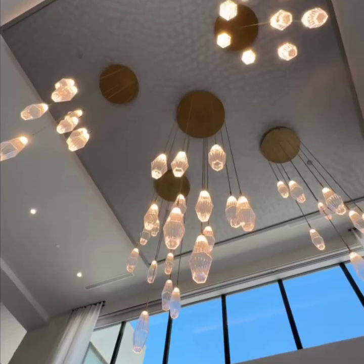 Modern Artisan Crafted Geometric Optic Glass Pendant Light with Metal Finish for Staircase, Foyer, Entryway