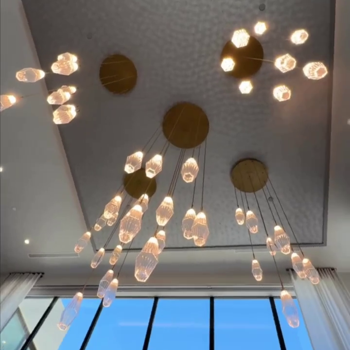 Modern Artisan Crafted Geometric Optic Glass Pendant Light with Metal Finish for Staircase, Foyer, Entryway