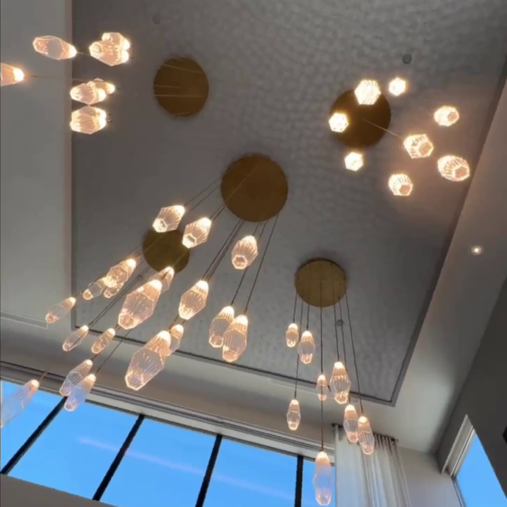 Modern Artisan Crafted Geometric Optic Glass Pendant Light with Metal Finish for Staircase, Foyer, Entryway