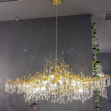 Luxury Gold Finish Linear Raindrop Chandelier with K9 Crystal for Dining Room and Kitchen Island