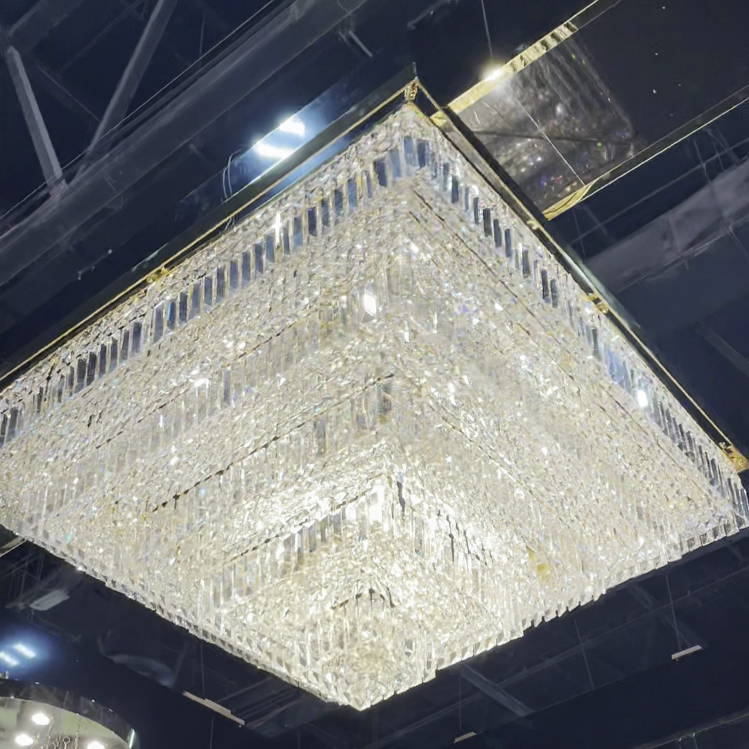 Modern Square Crystal and Metal Chandelier for Living Room and Bedroom
