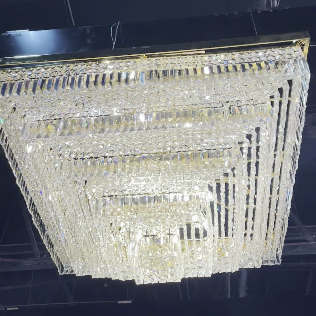 Modern Square Crystal and Metal Chandelier for Living Room and Bedroom