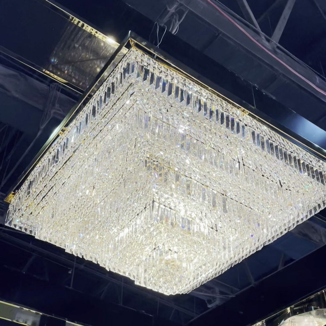 Modern Square Crystal and Metal Chandelier for Living Room and Bedroom
