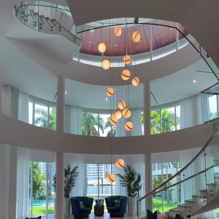 Modern Acrylic and Metal Floating Ball Chandelier for Staircase Foyer Entryway Living Room
