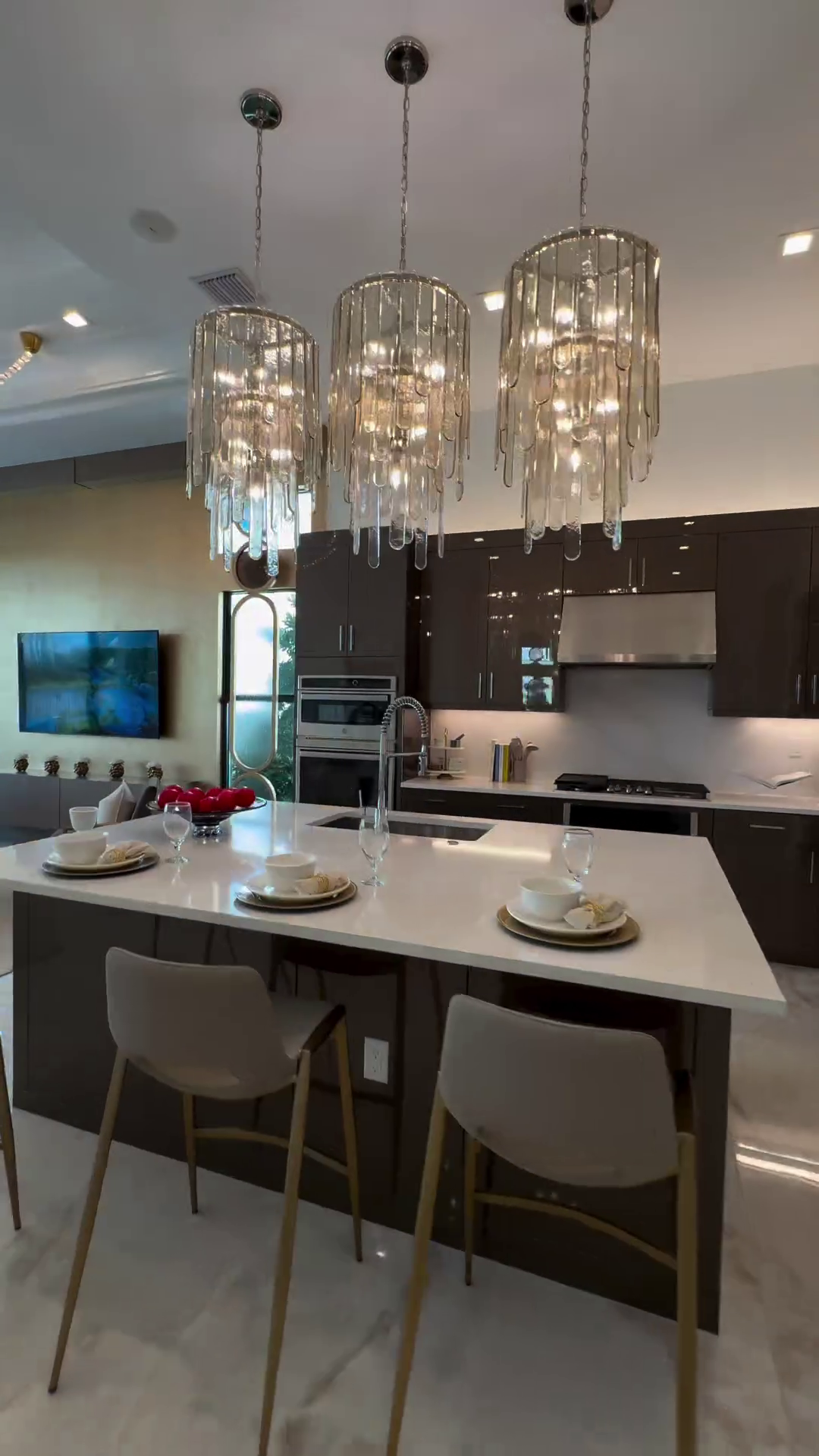 Modern Multi-Tier Champagne-Hued Glass Chandelier in Chrome Finish