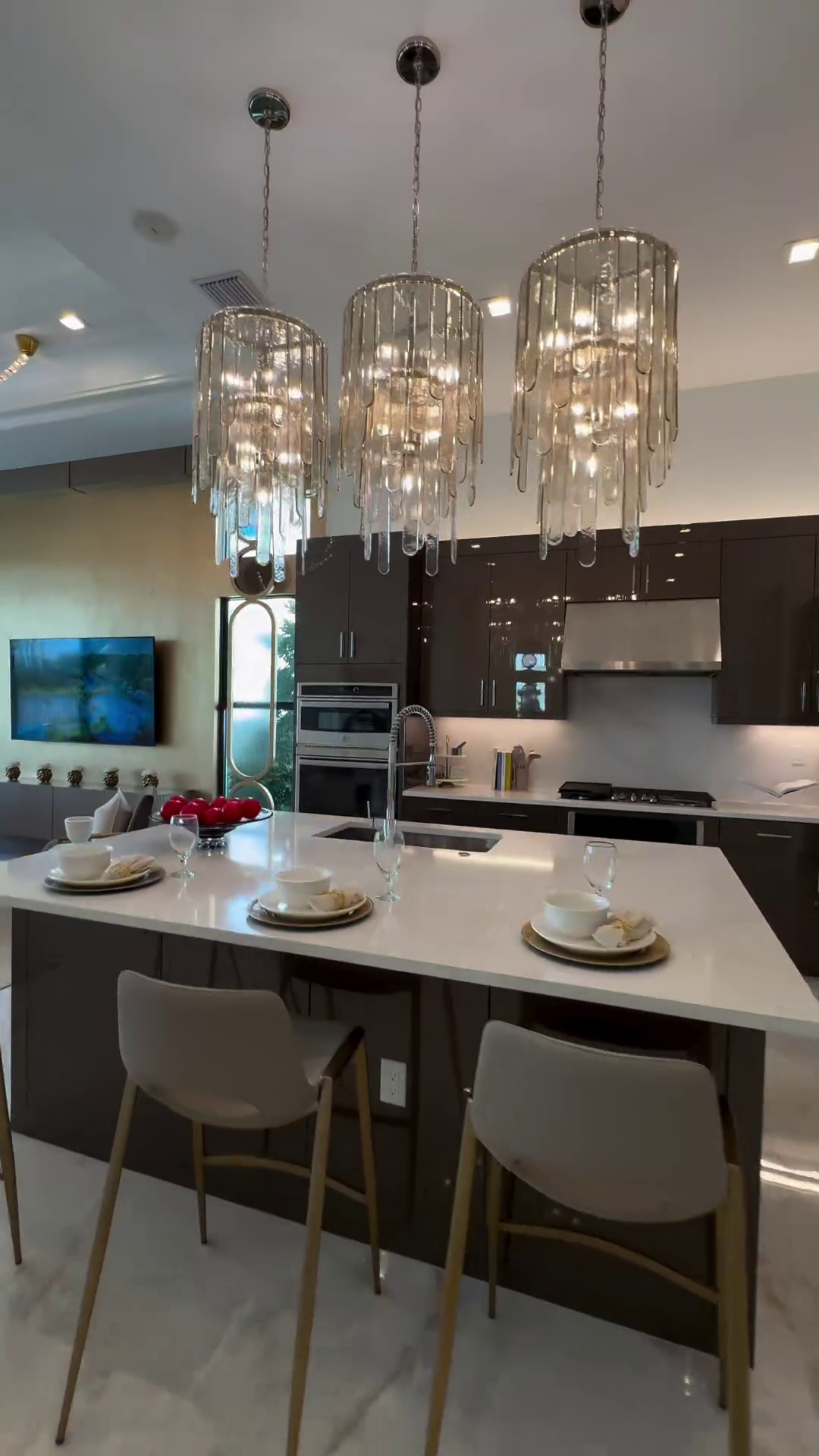 Modern Multi-Tier Champagne-Hued Glass Chandelier in Chrome Finish