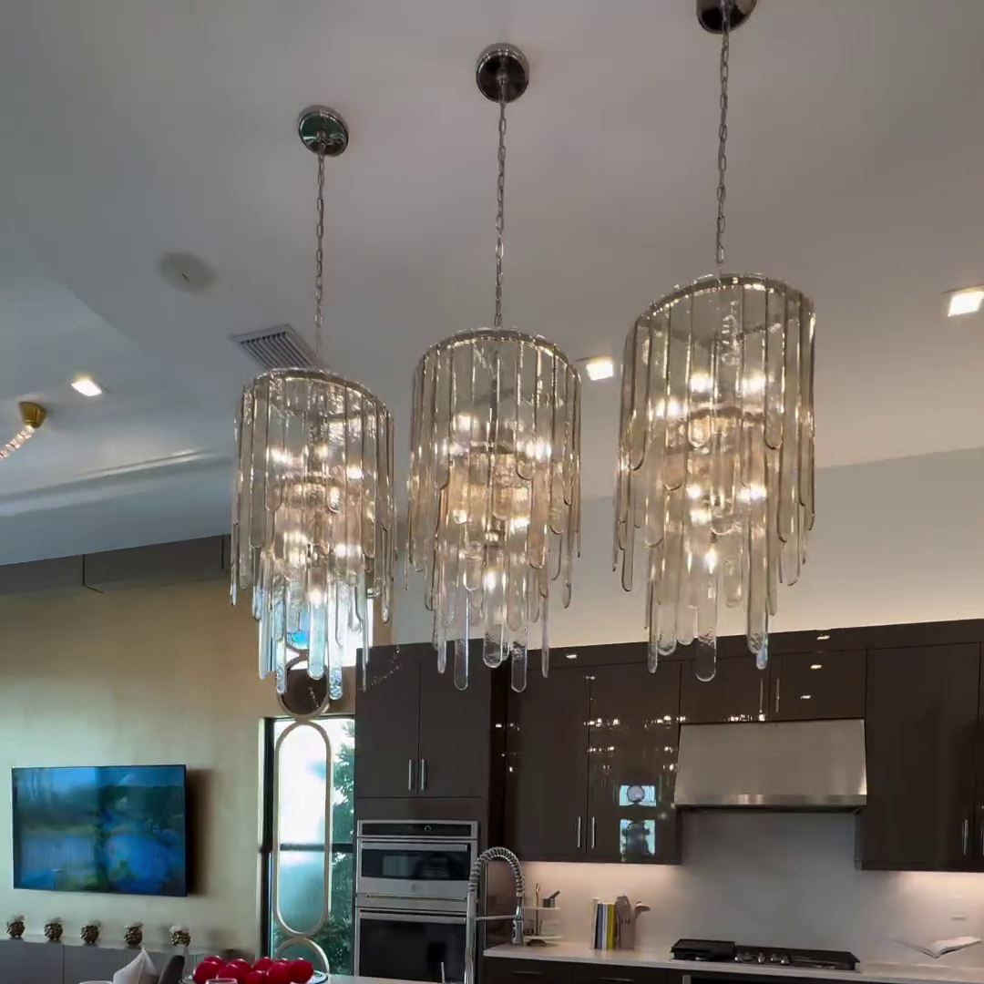 Modern Multi-Tier Champagne-Hued Glass Chandelier in Chrome Finish