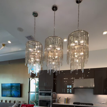 Modern Multi-Tier Champagne-Hued Glass Chandelier in Chrome Finish